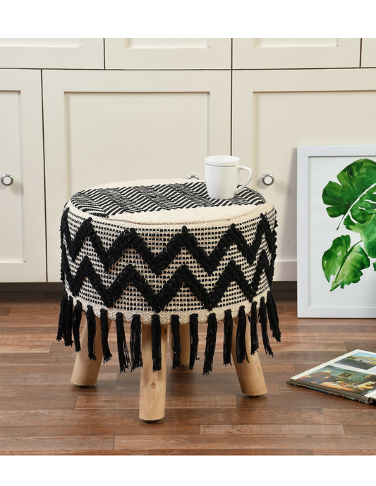 Artisan Pitloom Woven Stool – Natural Wood & Cotton
