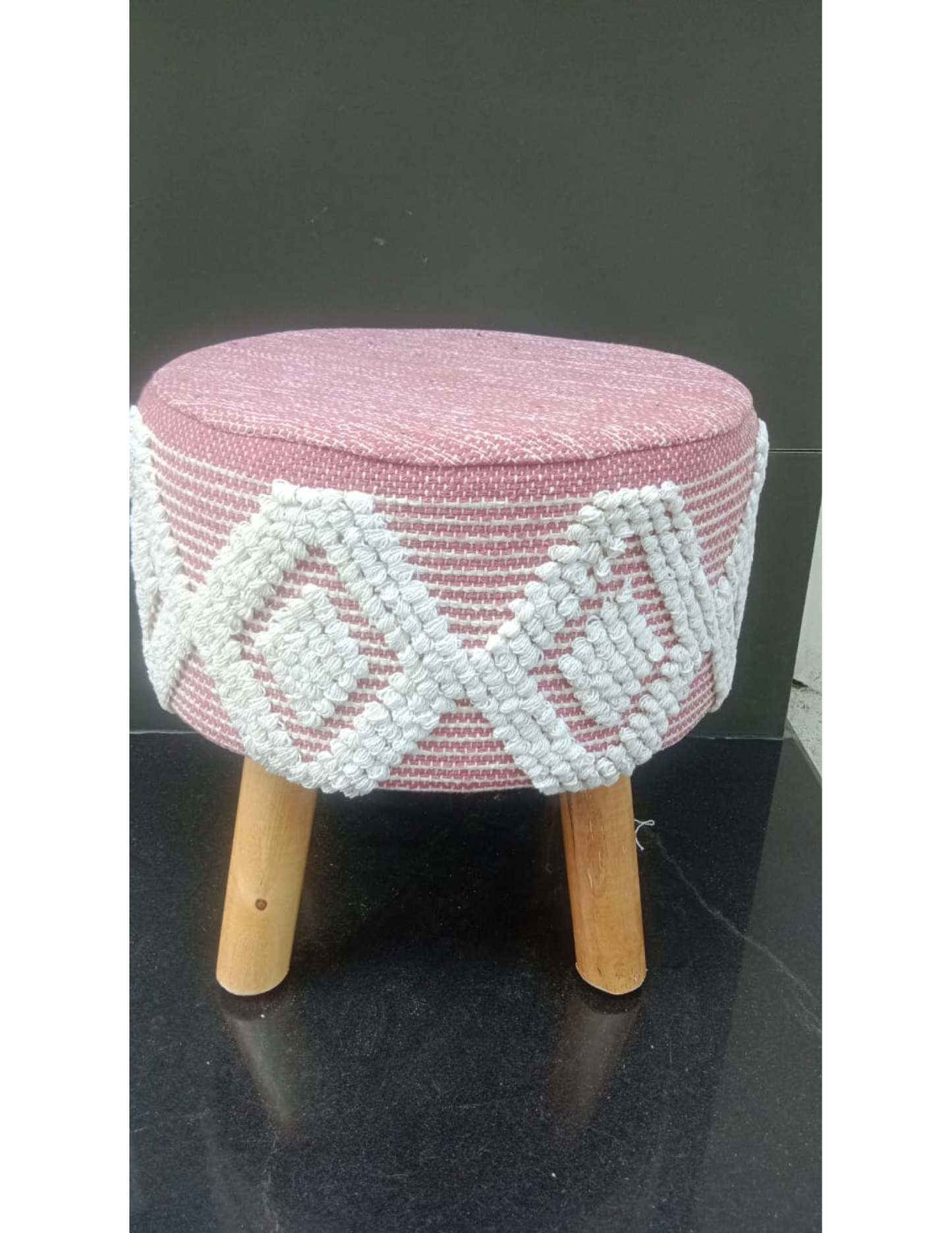 Artisan Pitloom Woven Stool – Natural Wood & Cotton