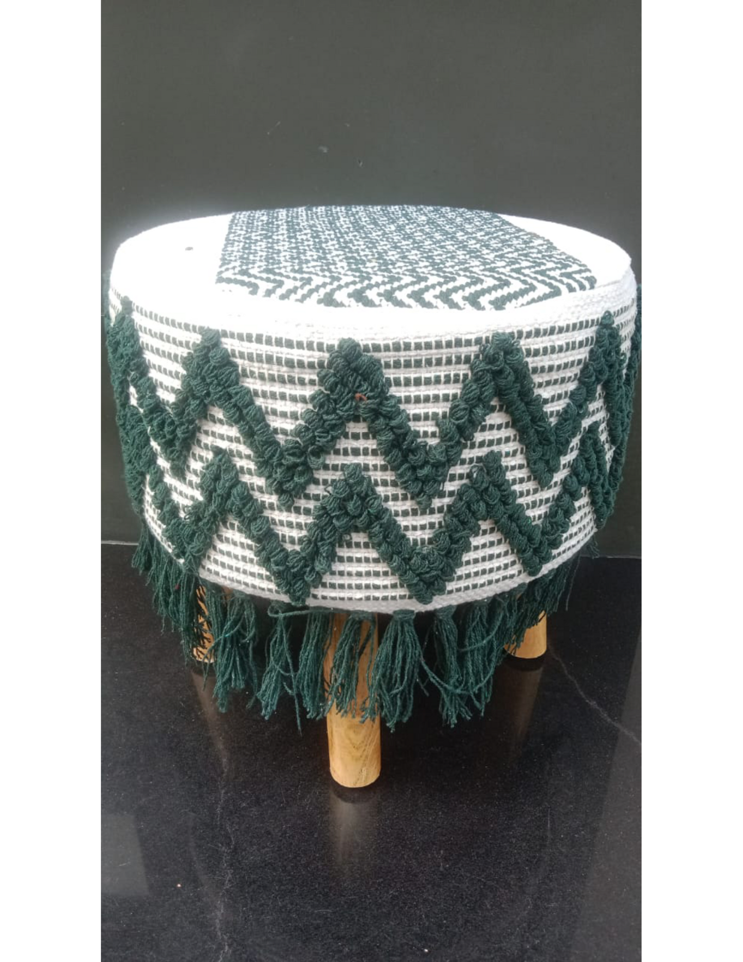 Artisan Pitloom Woven Stool – Natural Wood & Cotton