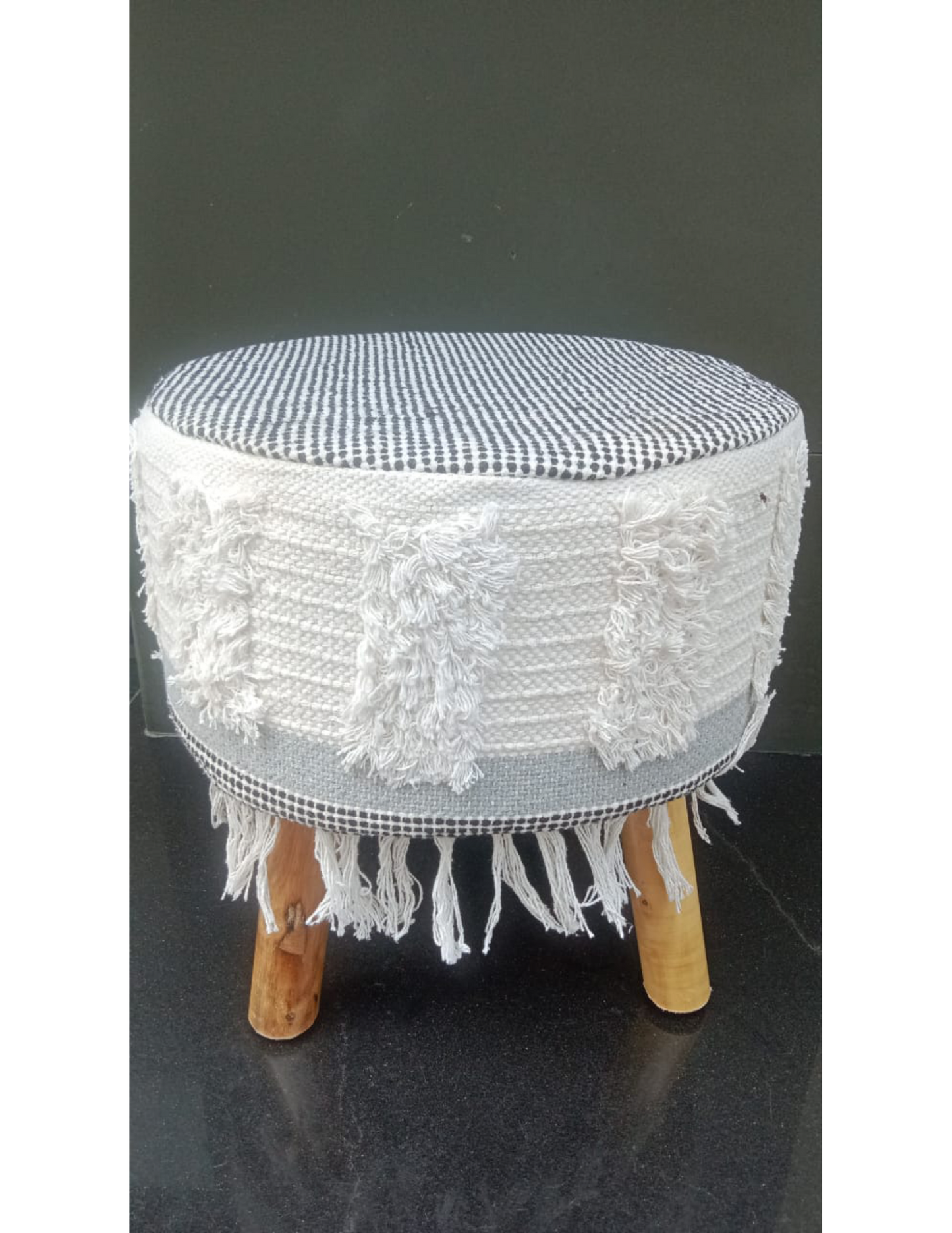 Artisan Pitloom Woven Stool – Natural Wood & Cotton