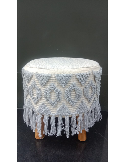 Artisan Pitloom Woven Stool – Natural Wood & Cotton