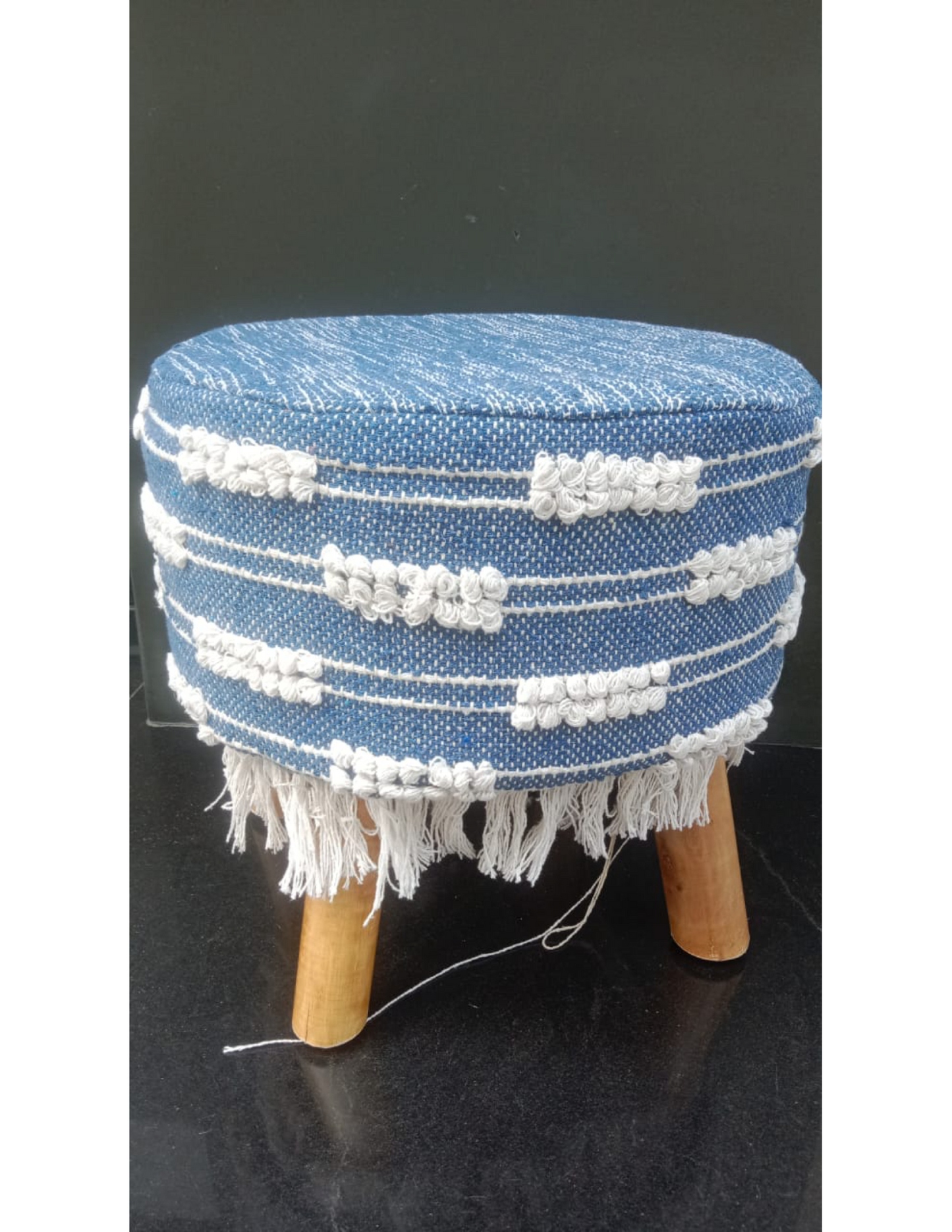 Artisan Pitloom Woven Stool – Natural Wood & Cotton