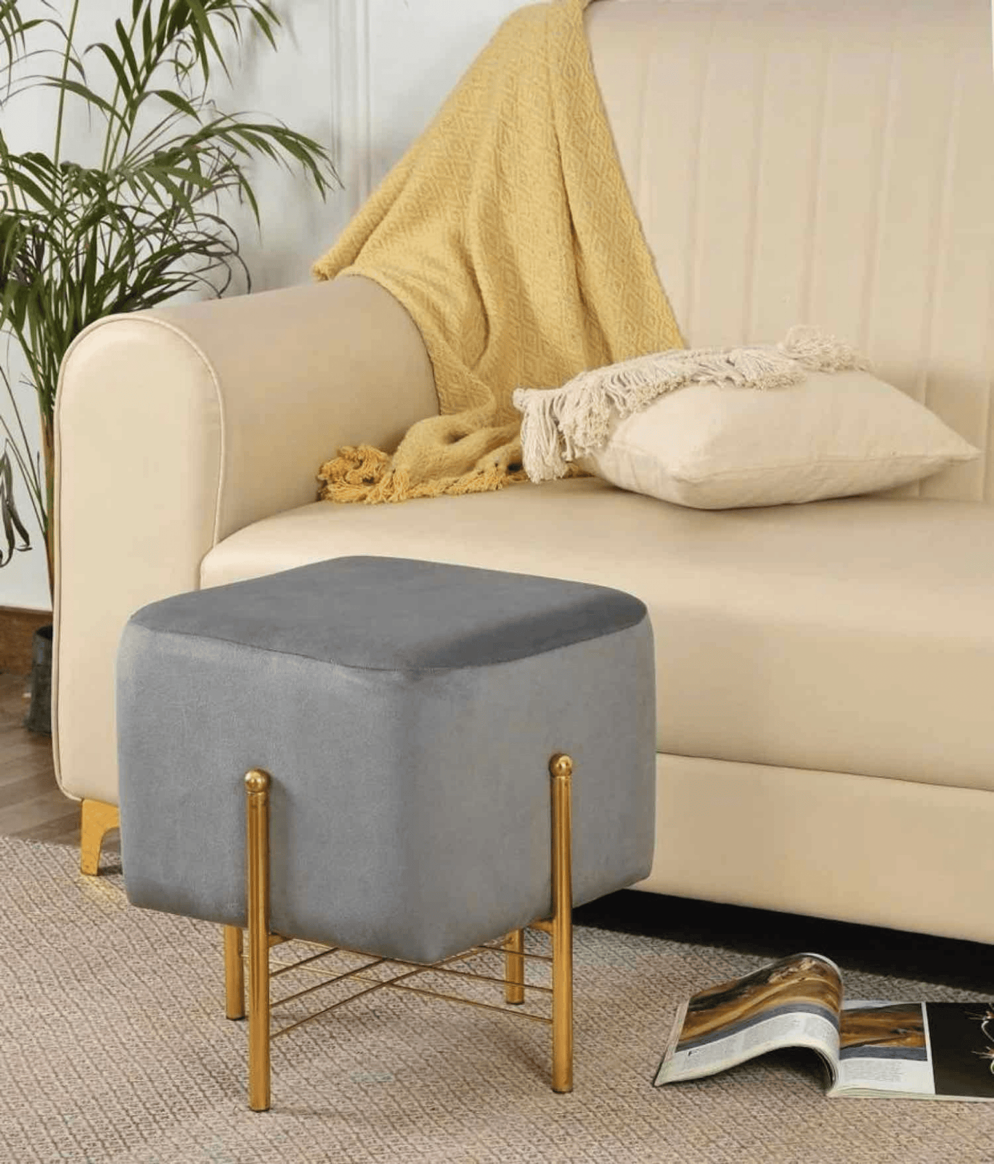 Holland Premium Velvet Pouffe with Sleek Metal Legs.