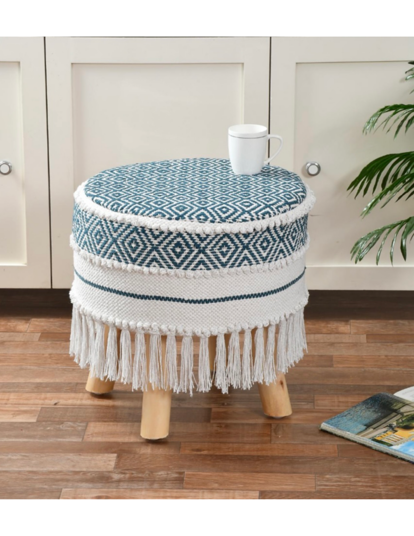 Artisan Pitloom Woven Stool – Natural Wood & Cotton
