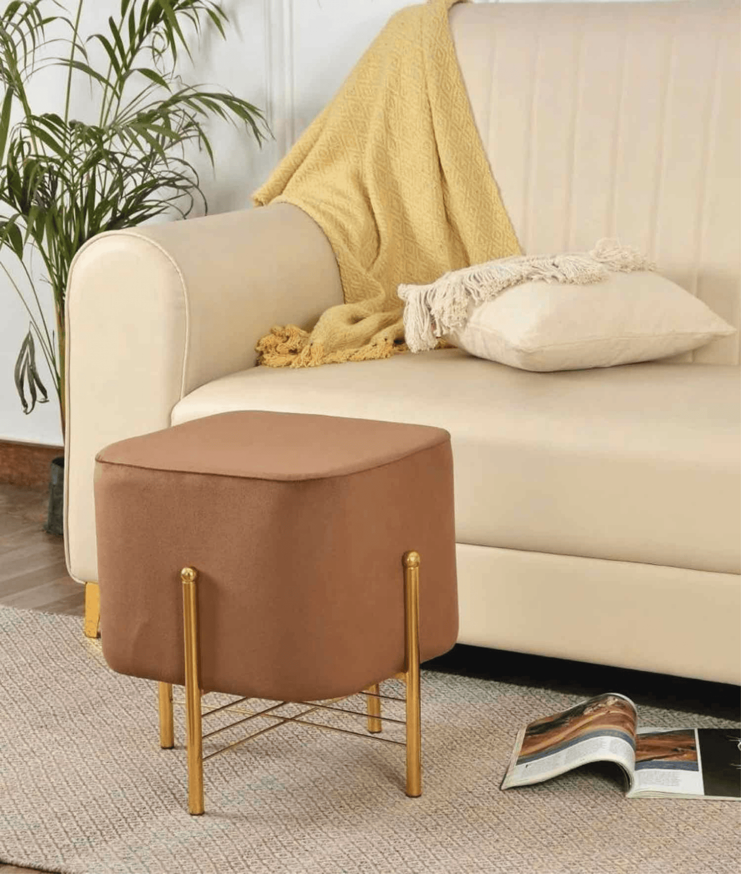 Holland Premium Velvet Pouffe with Sleek Metal Legs.