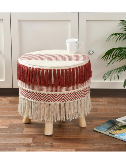 Artisan Pitloom Woven Stool – Natural Wood & Cotton