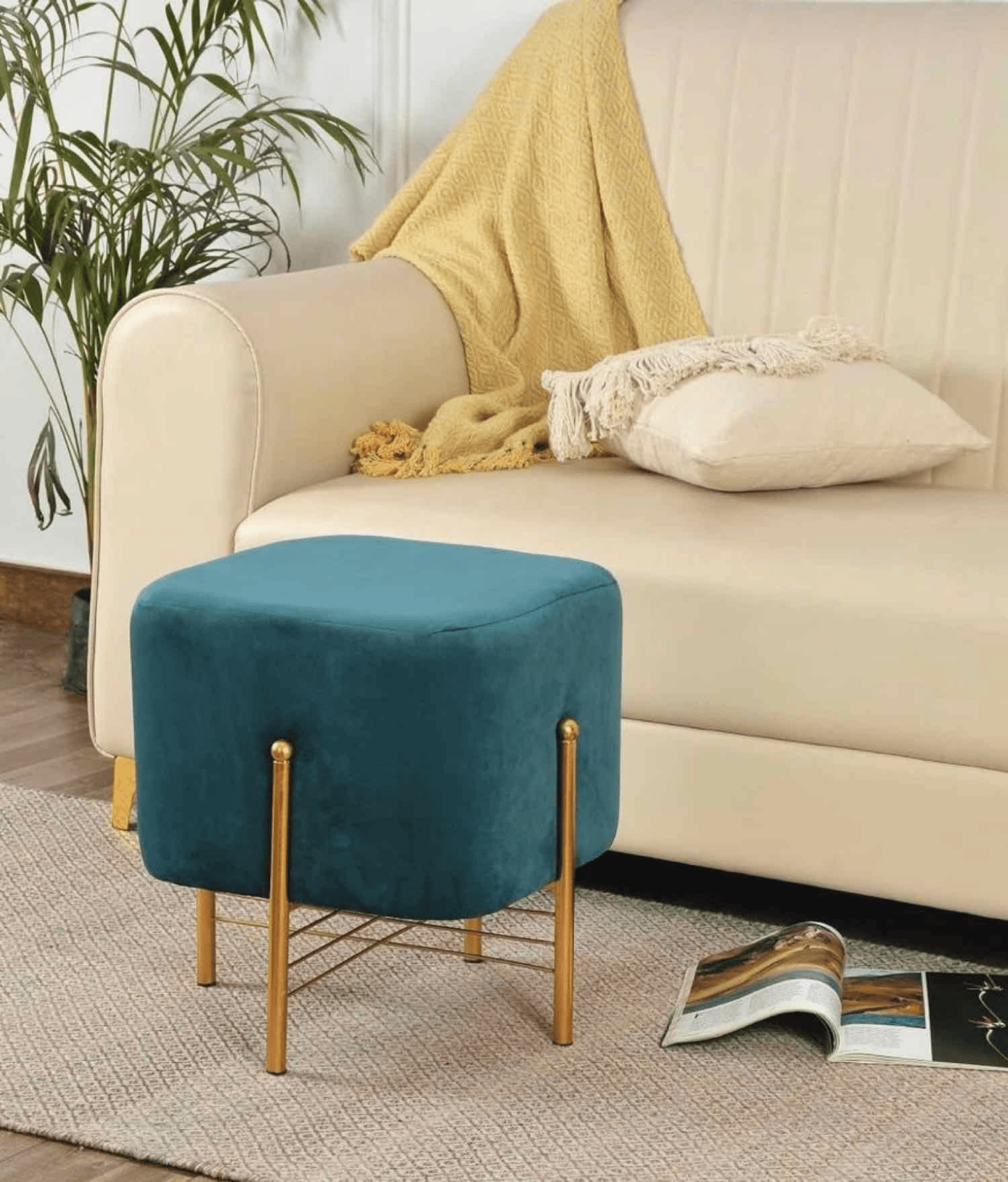 Holland Premium Velvet Pouffe with Sleek Metal Legs.