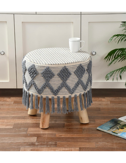 Artisan Pitloom Woven Stool – Natural Wood & Cotton