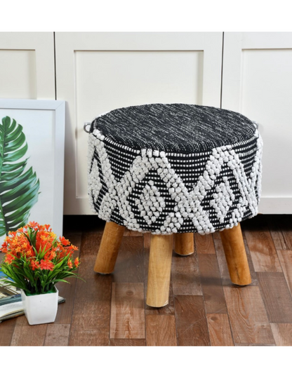 Artisan Pitloom Woven Stool – Natural Wood & Cotton