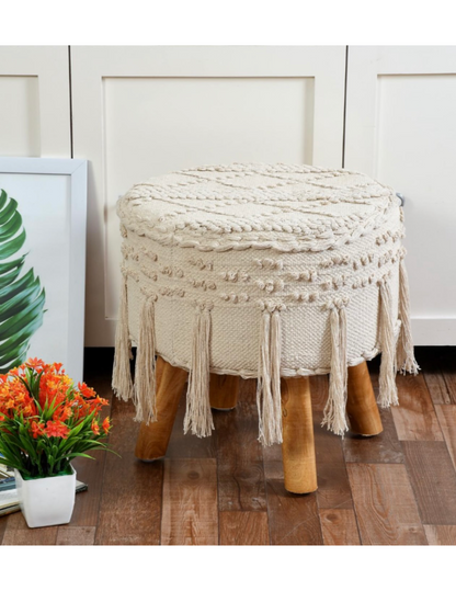 Artisan Pitloom Woven Stool – Natural Wood & Cotton