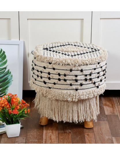Artisan Pitloom Woven Stool – Natural Wood & Cotton
