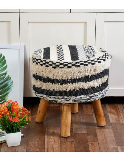 Artisan Pitloom Woven Stool – Natural Wood & Cotton